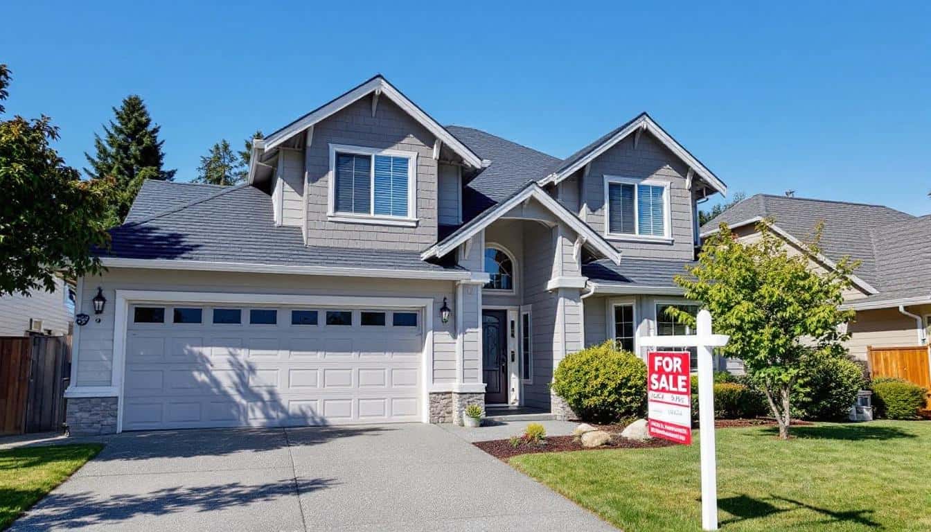 Suburban home with for sale sign in front yard and a new roof with dark architectural shingles