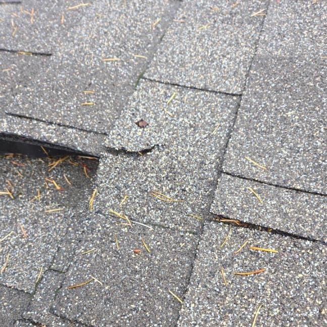 Close-up of a few missing asphalt shingles on an otherwise intact residential roof
