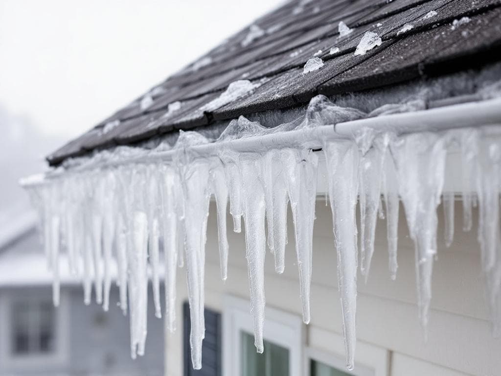 Ice dams forming along roof edge with icicles hanging from gutter