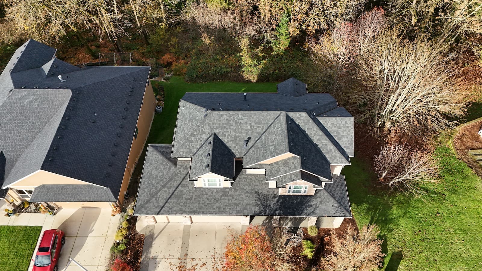 Drone aerial view of newly installed roof project
