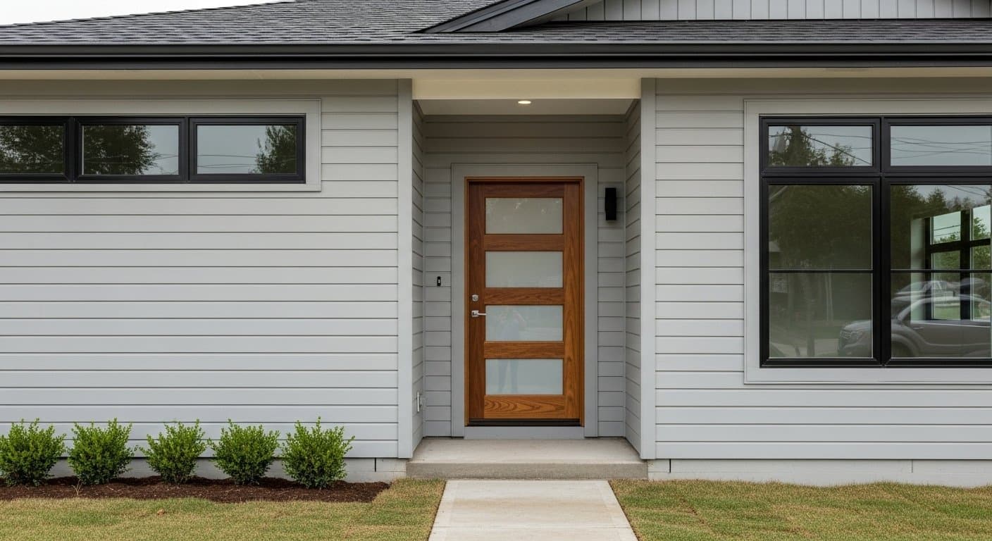 Full exterior remodel showing new roof, siding, and gutters on a rental home