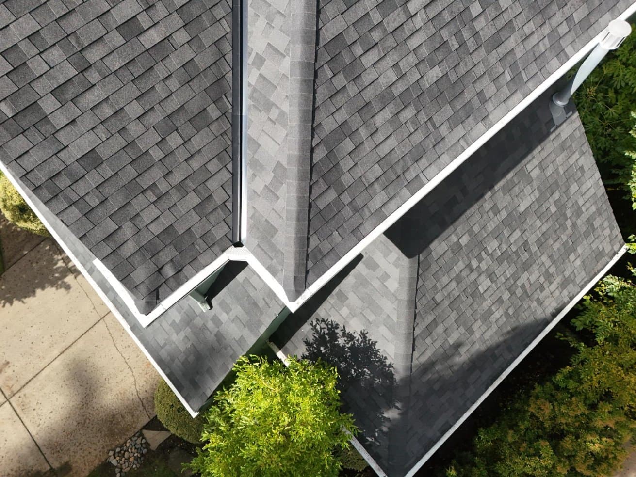 Top down view of new roof and gutters