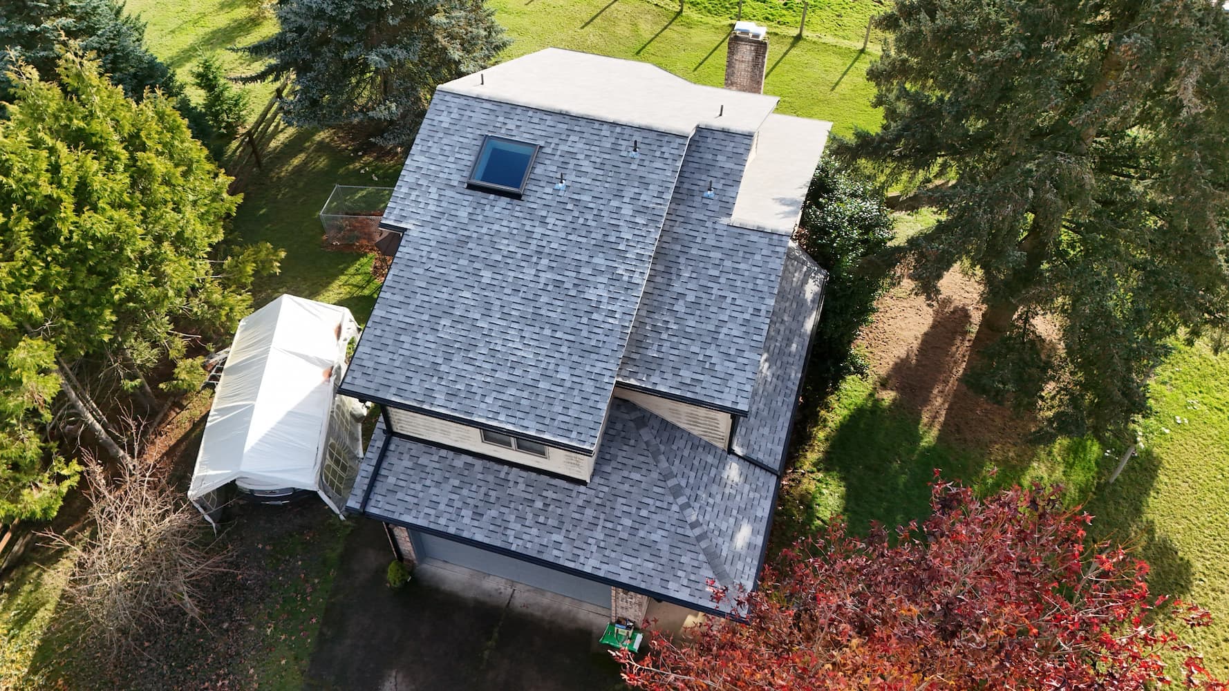 Overhead view of completed residential roof replacement