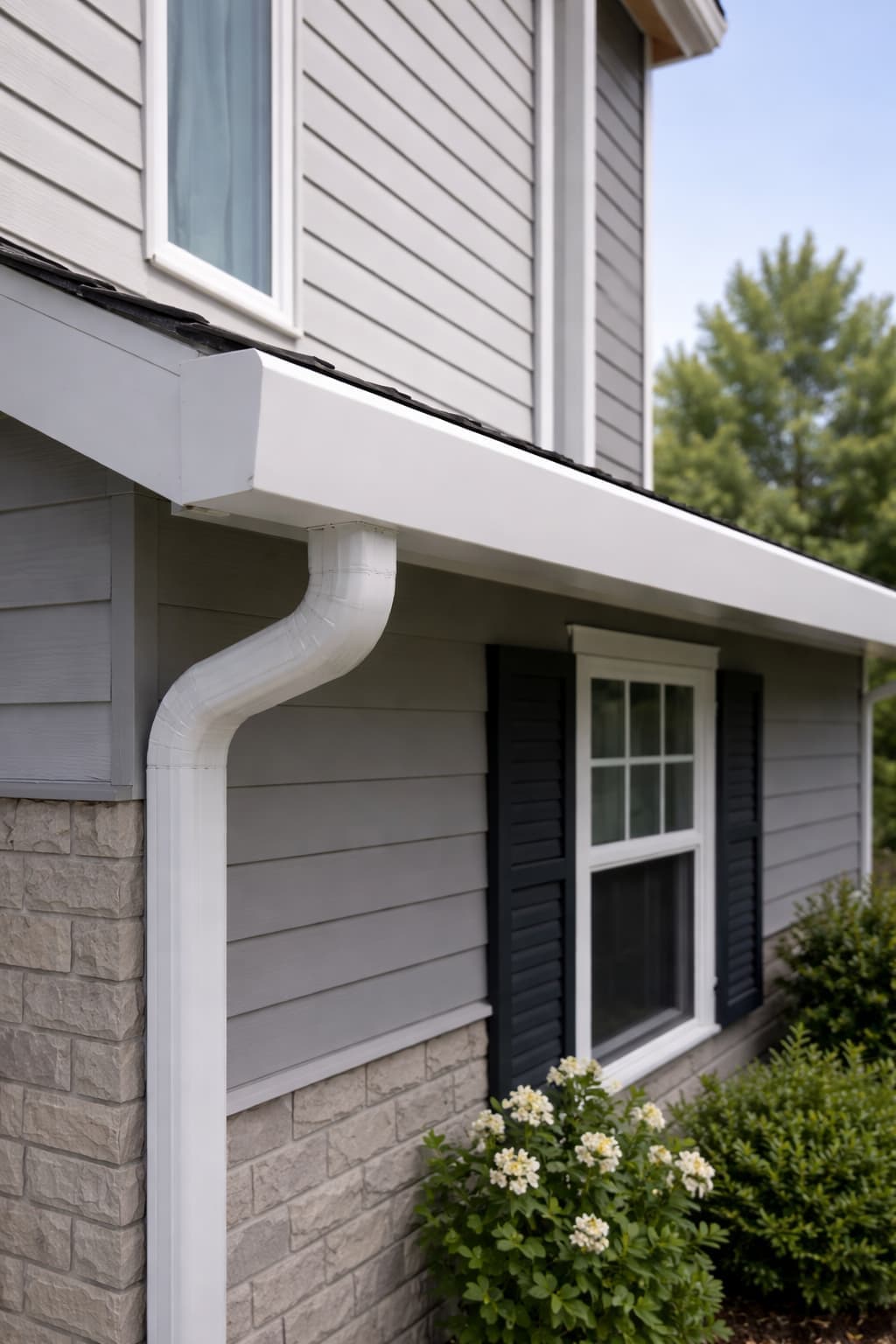 Close-up of a white fascia style gutter with flat vertical profile and clean downspout on a Vancouver WA home