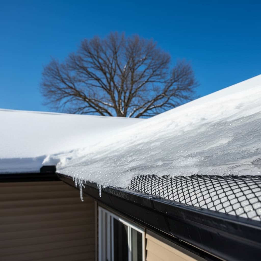 Ice dam forming on mesh gutter guards showing frozen buildup blocking water flow