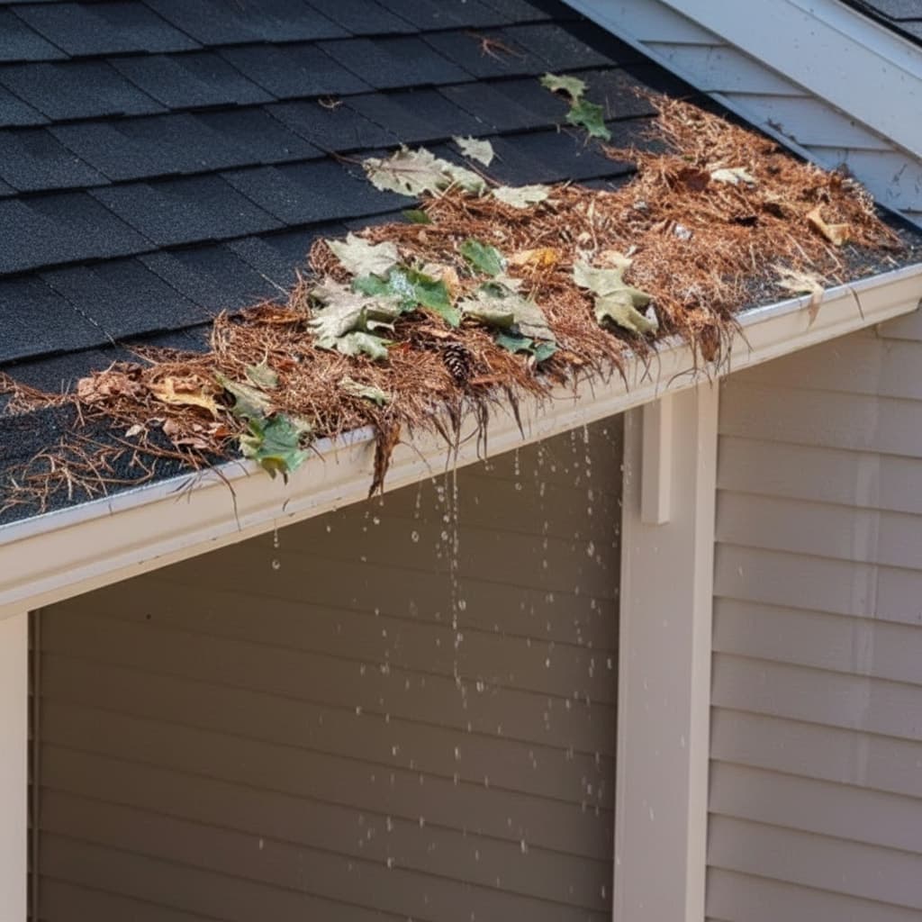 Mesh gutter guards clogged with leaves and debris forming a dam