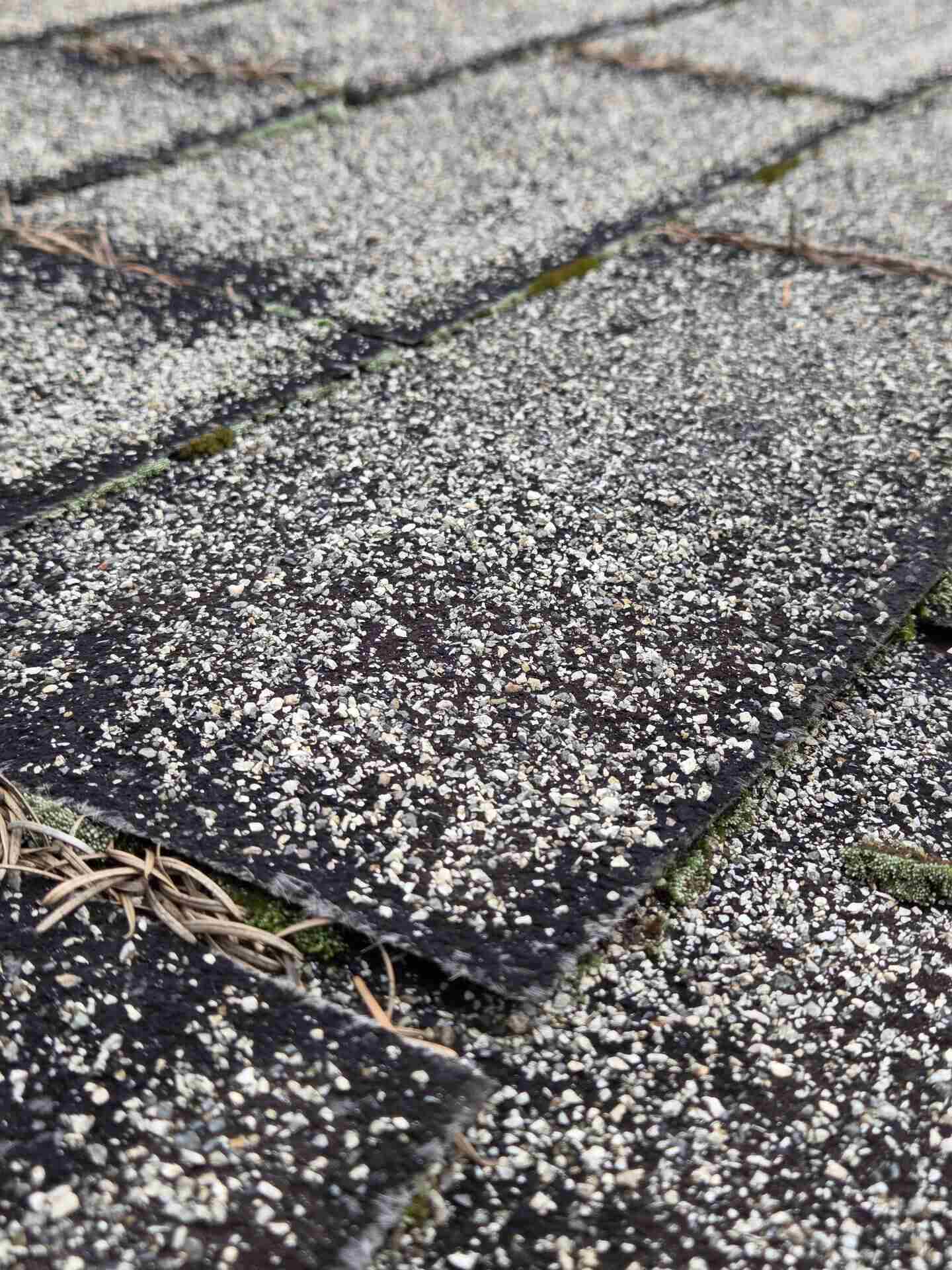 Real roof inspection finding: missing granules and bare asphalt exposed on aging shingles in Vancouver WA home