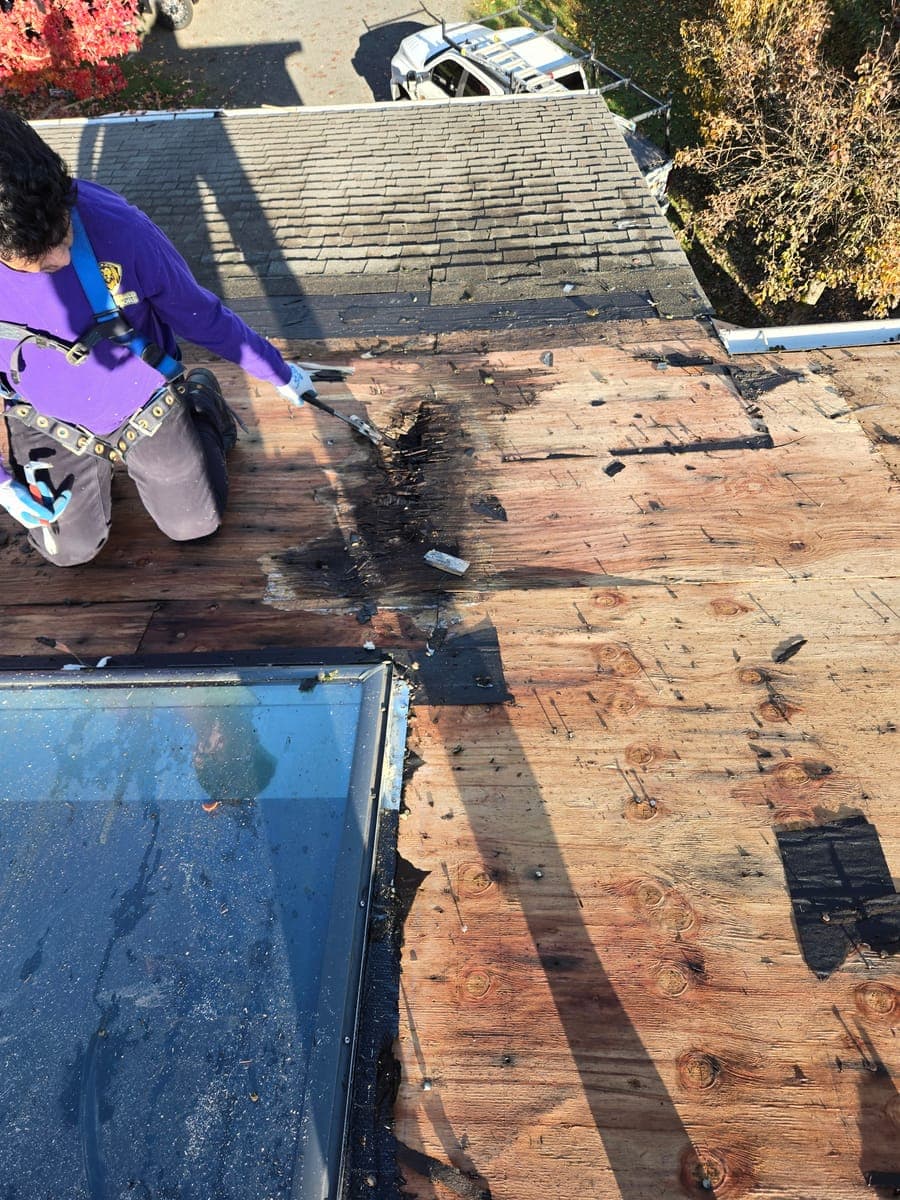 Gold Shield roofer repairing a leak in exposed roof decking near a skylight in Vancouver WA