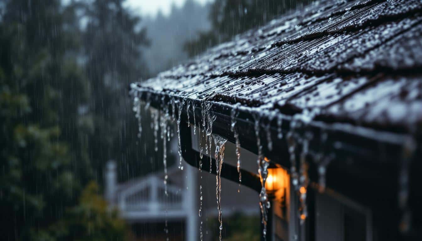 Residential home with water cascading over gutter edge during rainstorm