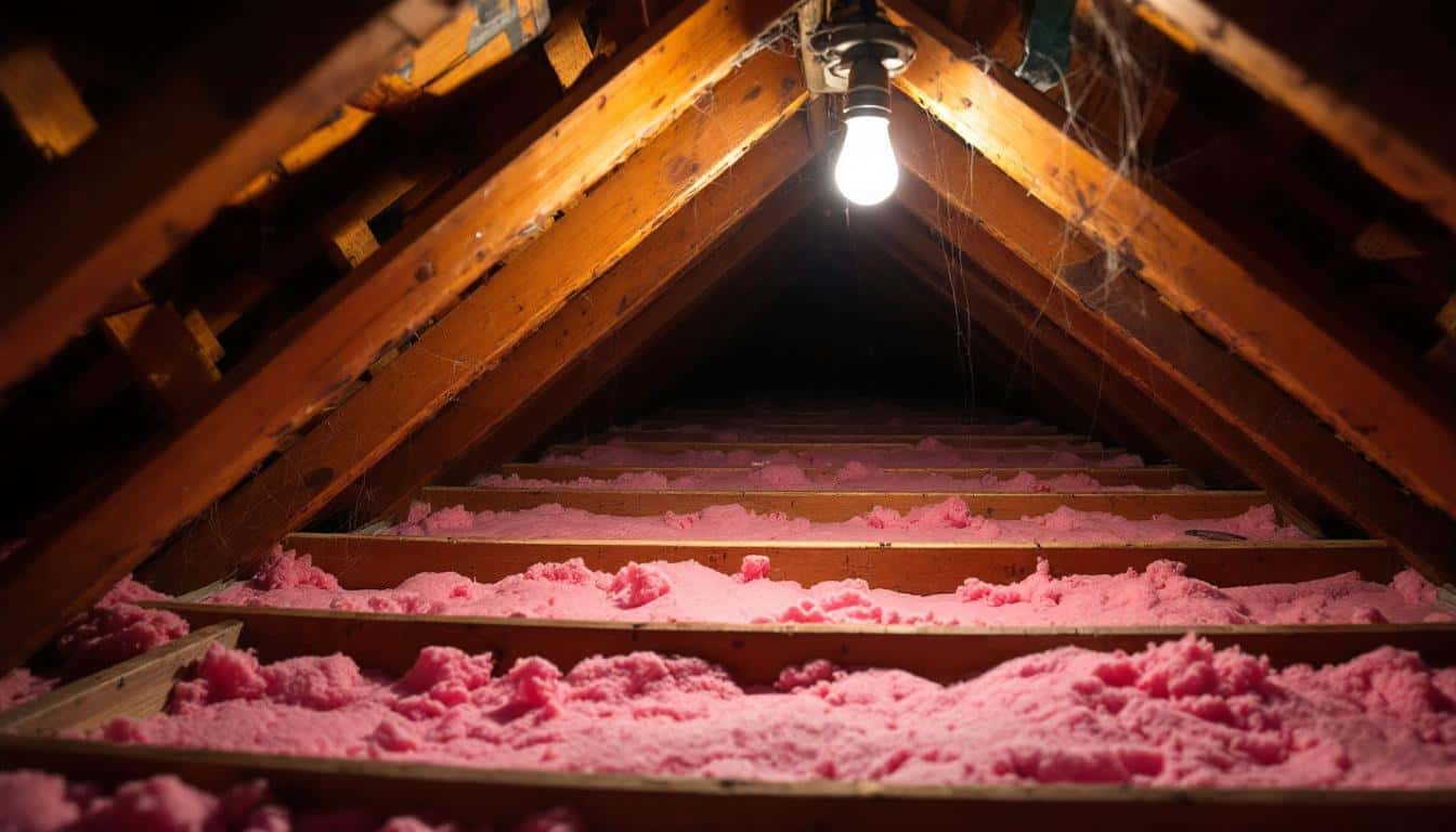 Dark residential attic space showing moisture condensation on roof deck boards