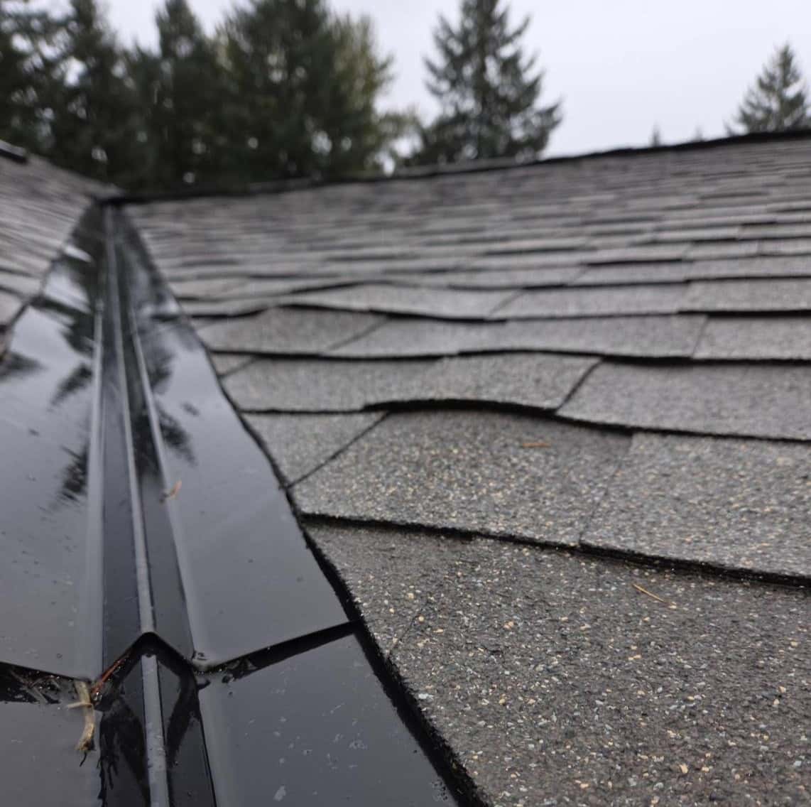 Aging roof showing lifting shingles near valley