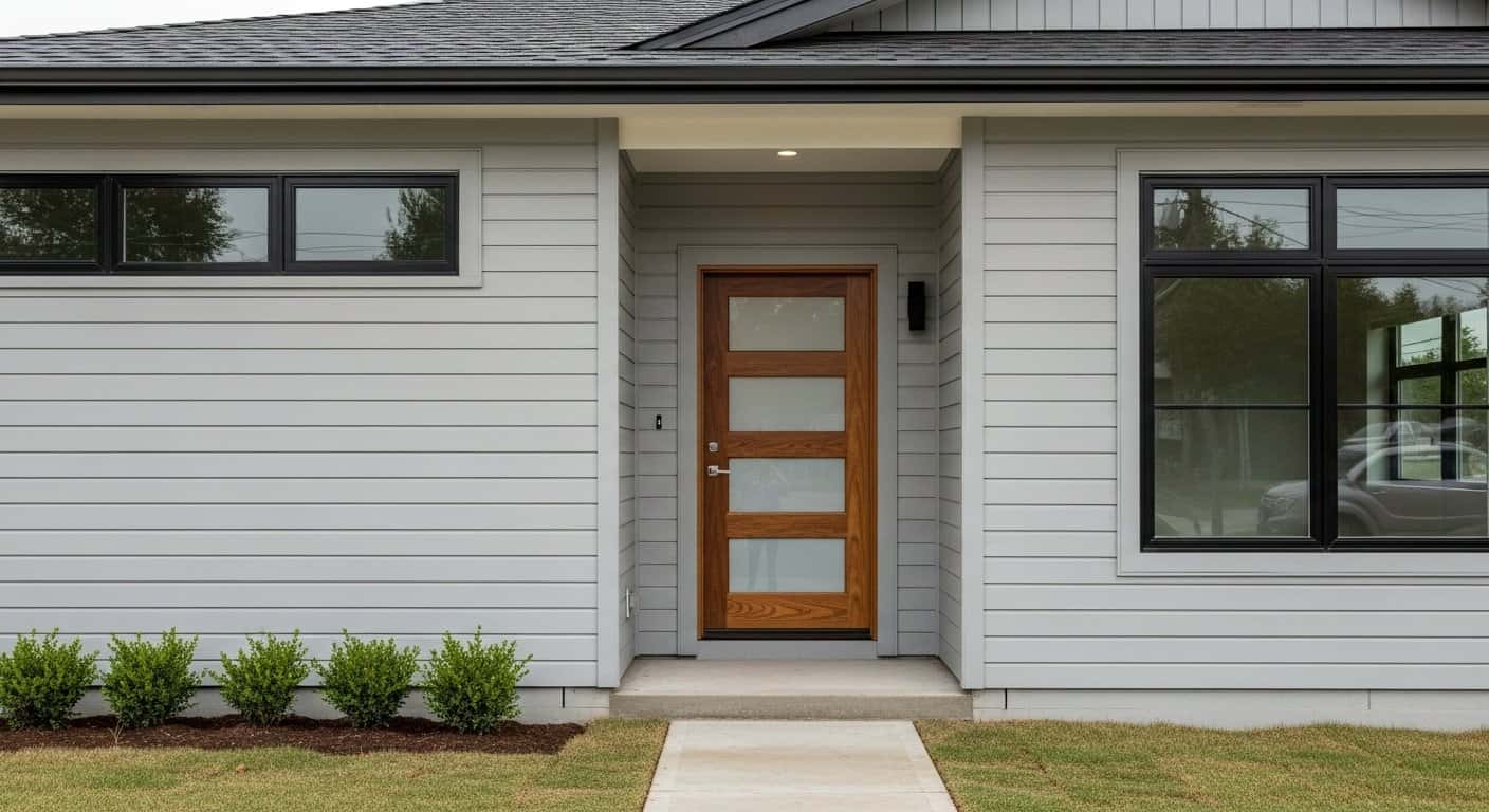 Full exterior remodel showing new roof, siding, and gutters on a rental home