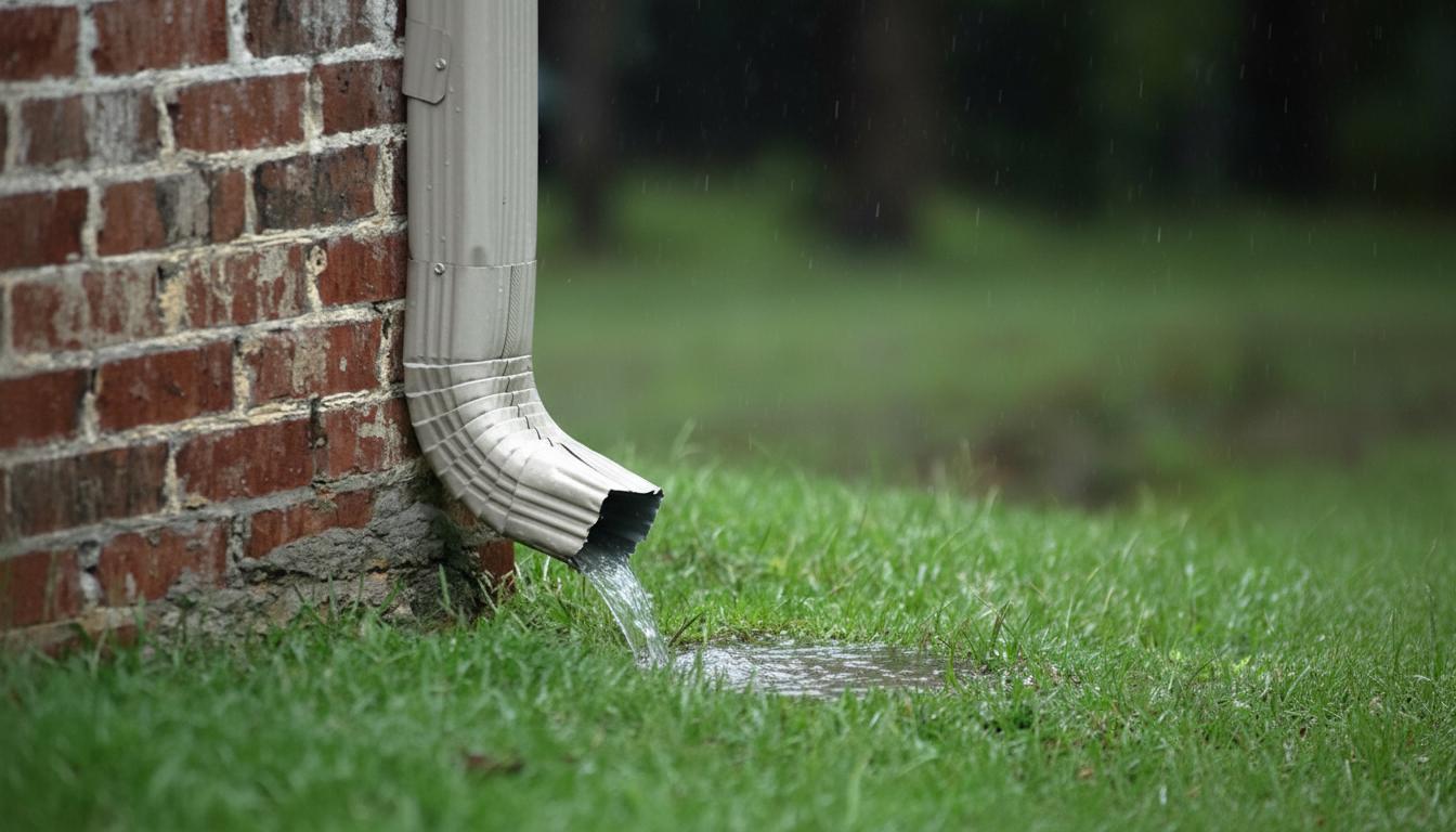 Downspout directing water near foundation causing puddle and potential damage