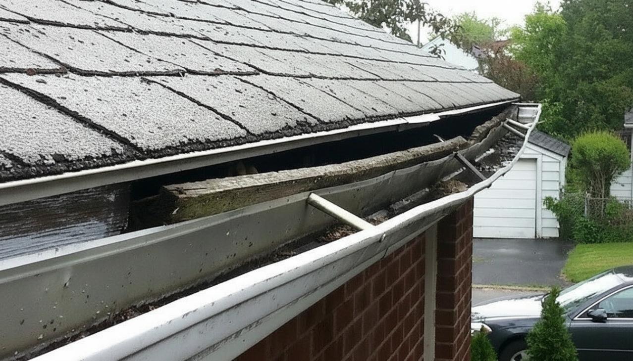 Gutter section detached and pulling away from house fascia board showing structural damage