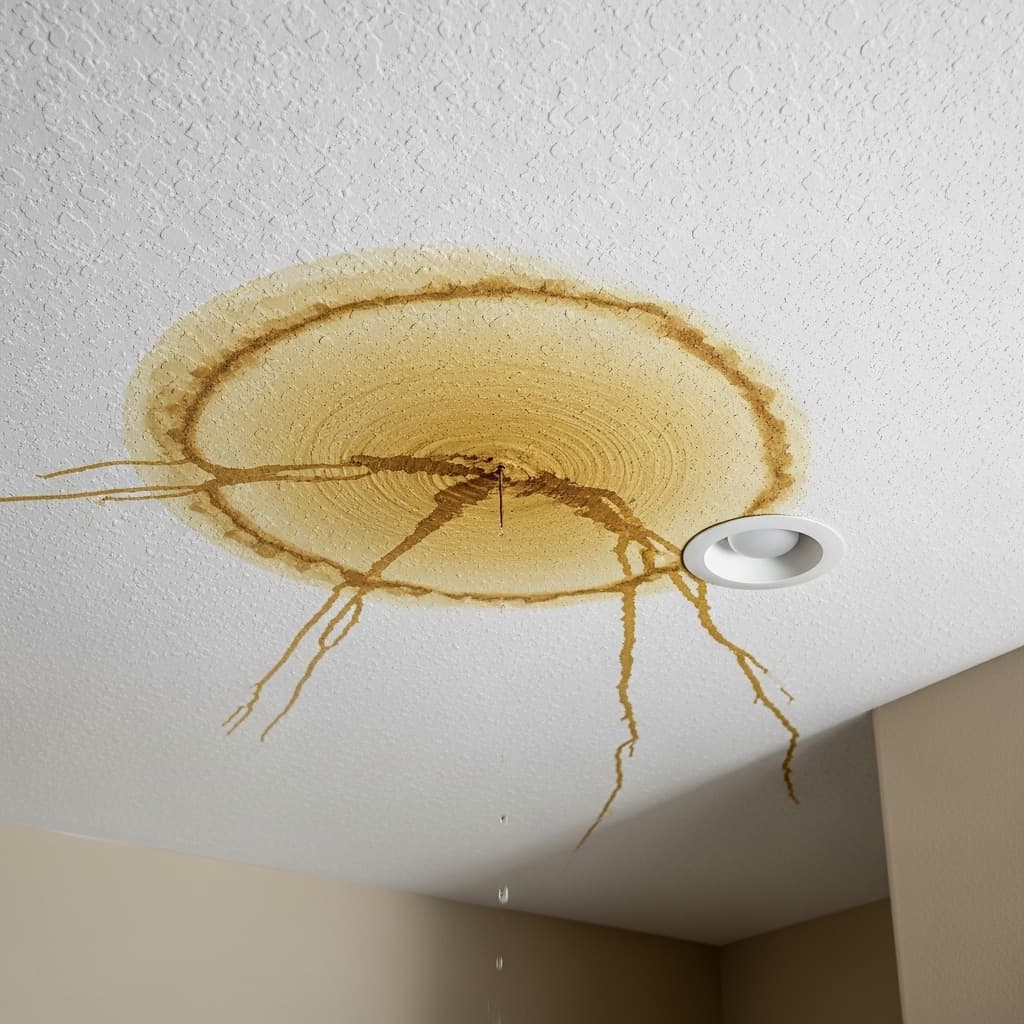 Water stain on ceiling showing active roof leak requiring emergency repair