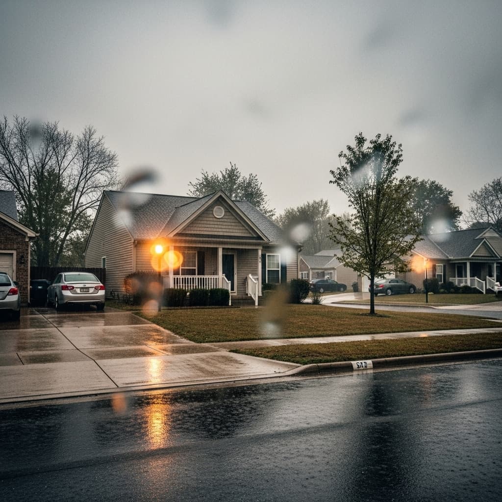 Overcast Pacific Northwest sky with rain clouds over residential neighborhood