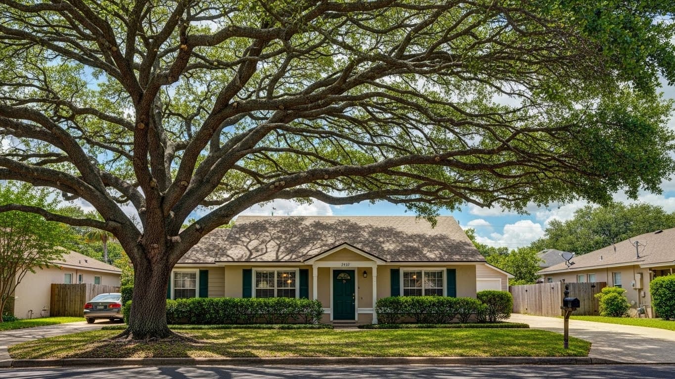 Tree branches overhanging a residential roof creating shade
