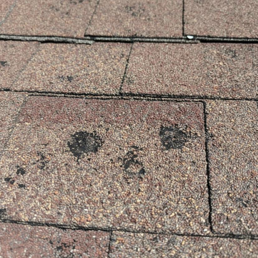 Hail damage on asphalt roof shingles showing insurance-claimable storm damage