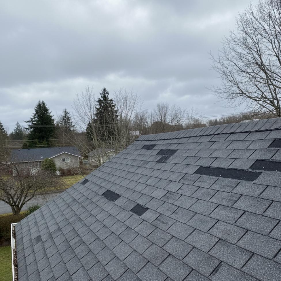 Residential roof with missing shingles showing potential insurance coverage situation
