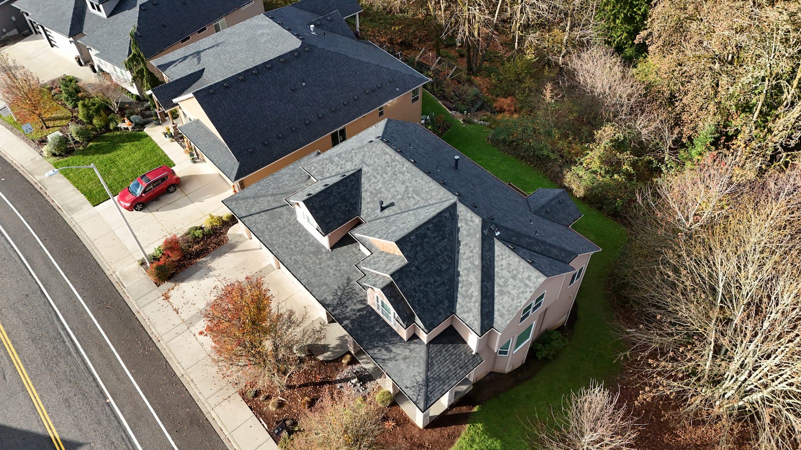Aerial view of new roof installation in Ridgefield WA