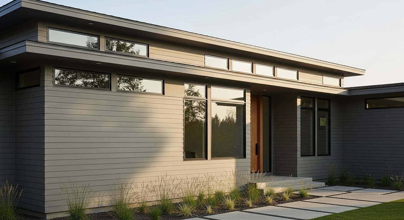 Modern home with grey Hardie Plank siding
