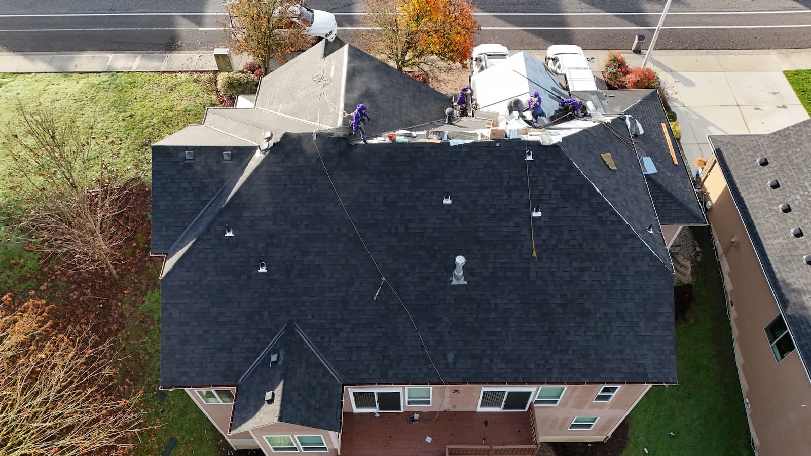 Drone view of roof tearoff and reinstall in Vancouver WA