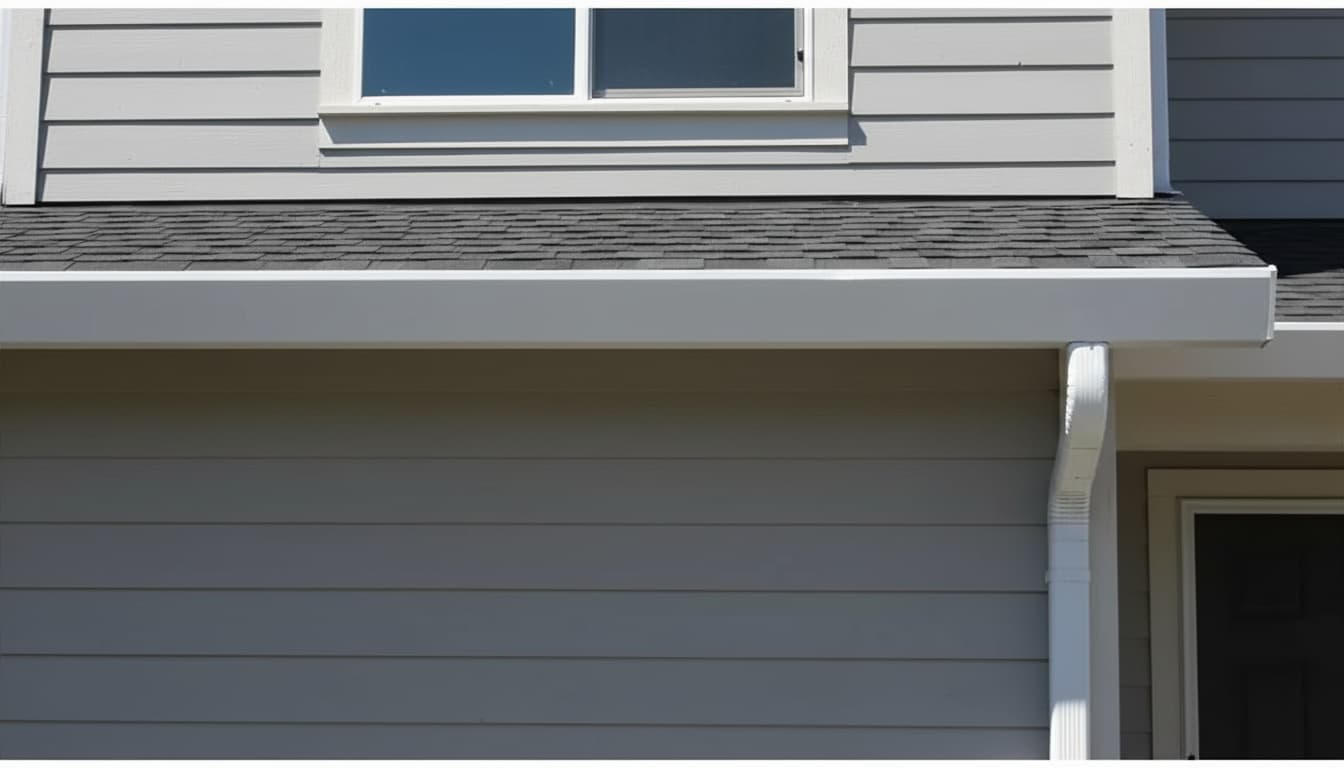 White fascia style gutter running along the roofline of a Vancouver WA home with a clean downspout turn and two-tone lap siding