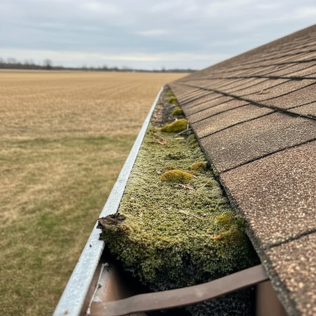 Foam gutter guards with thick green moss growing out of the saturated material