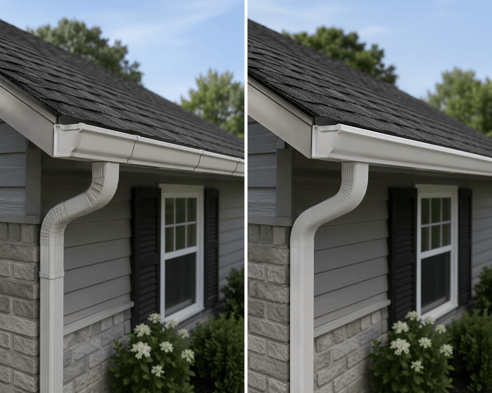 Side-by-side visual comparison of sectional gutters (visible corner joint) and seamless gutters (smooth continuous corner)