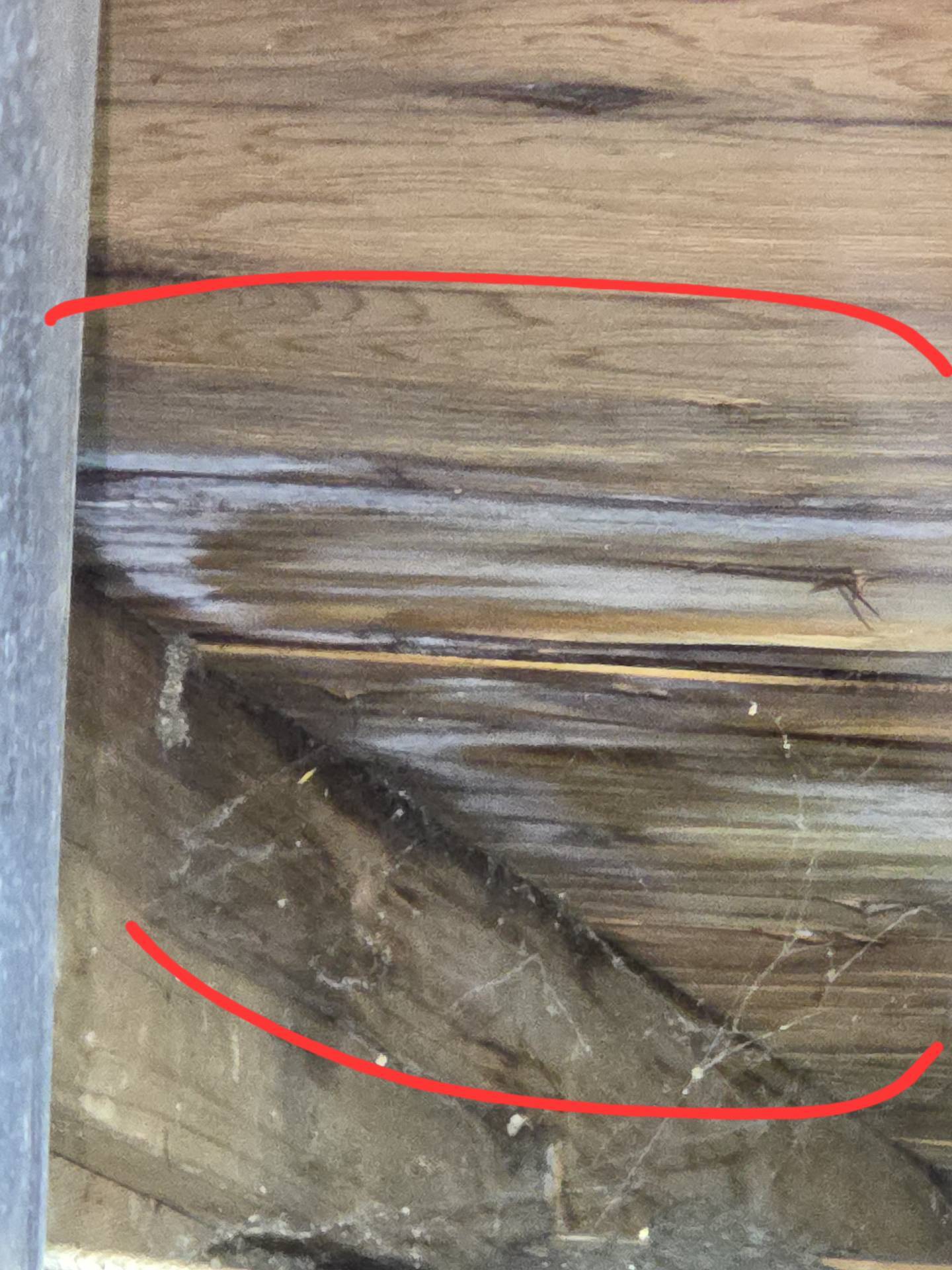 Real roof inspection finding: water-stained wood decking rot inside attic from poor ventilation on a Vancouver WA home